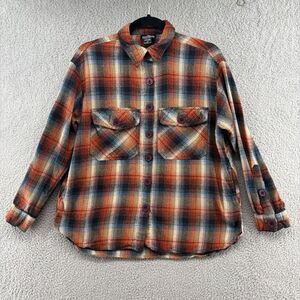 Angie Plaid Flannel Button-Down Shirt Women’s Small Rust Navy Tan Cotton Pockets